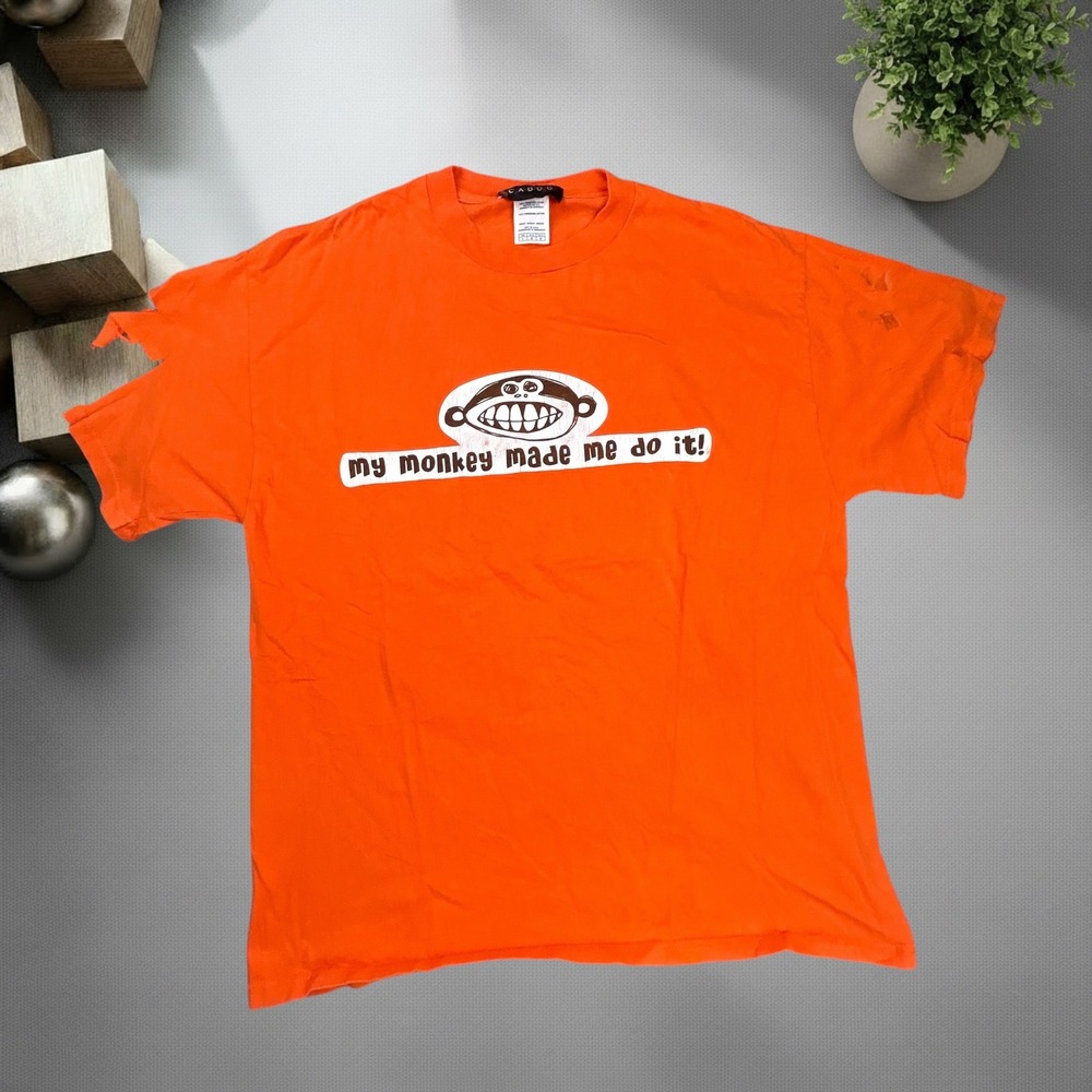 Vintage 90s Taboo My Monkey Made Me Do It Graphic T-Shirt Orange Distressed L